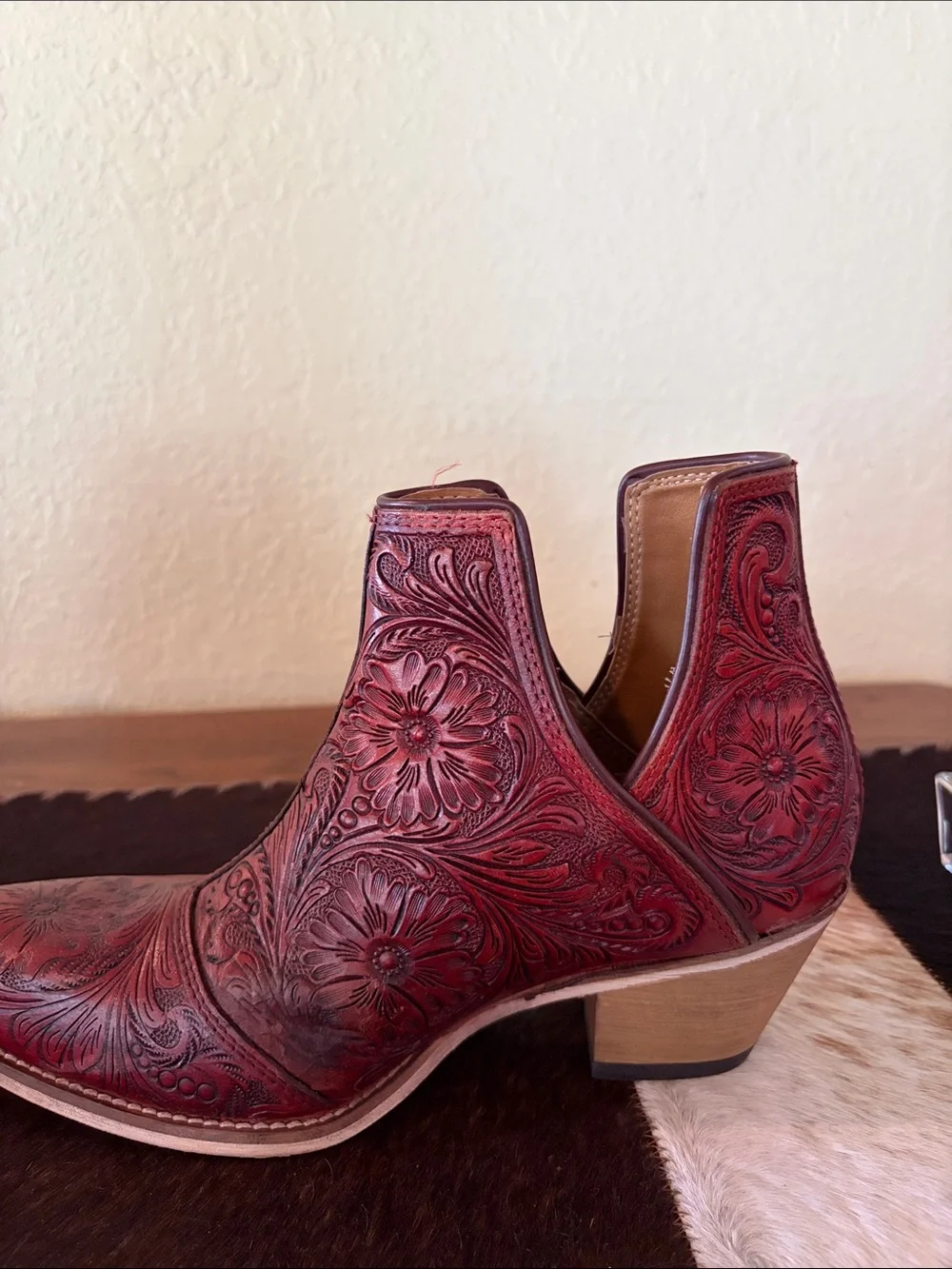 Myra Bag Red Tooled Floral Leather Ankle Booties - Picture 10 of 12